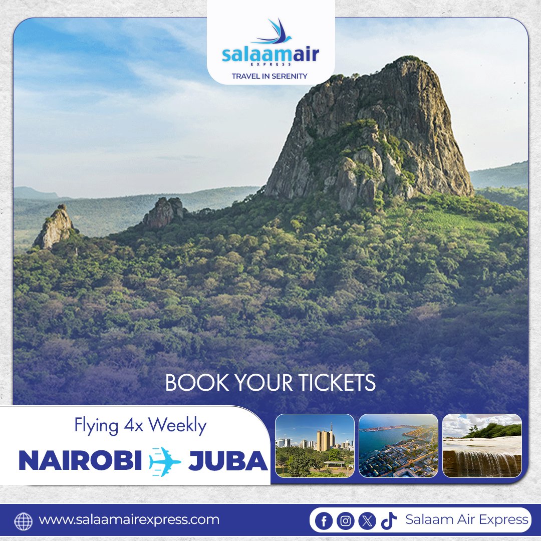 More flights. More flexibility. More reasons to fly with Salaam Air Express. ✈️

We fly Nairobi–Juba 4x weekly, making your business trips, family visits and weekend travel even more convenient.
📍Book now at salaamairexpress.com
📧Email us at: info@salaamairexpress.com