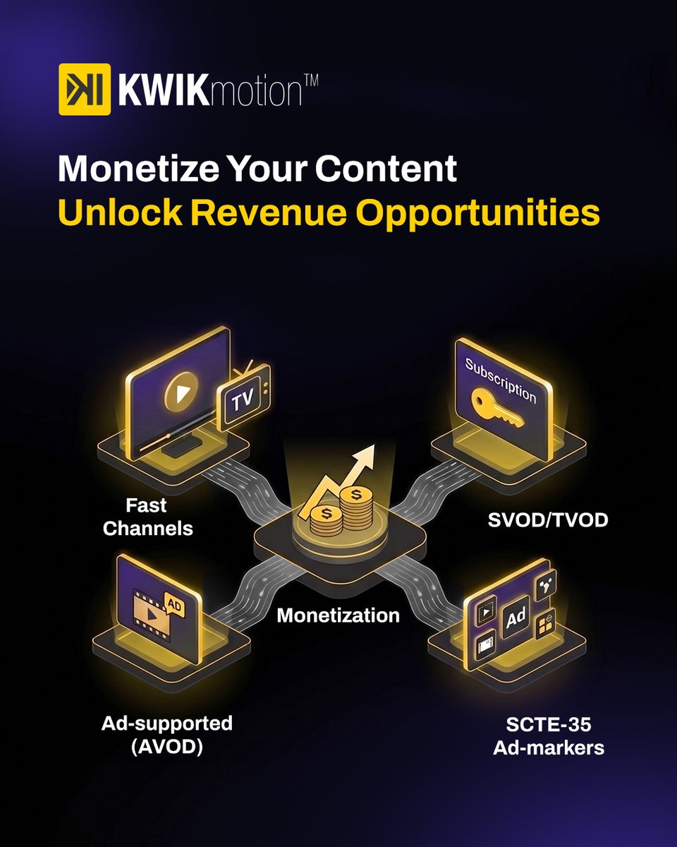 kwikmotion's tweet photo. Turn your content into a revenue engine.

From FAST Channels and AVOD to SVOD/TVOD and SCTE-35 ad markers, KWIKmotion gives broadcasters and OTT platforms the tools to monetize smarter and scale faster.

#KWIKmotion #OTT #Streaming #Monetization https://t.co/CLhltslEX3