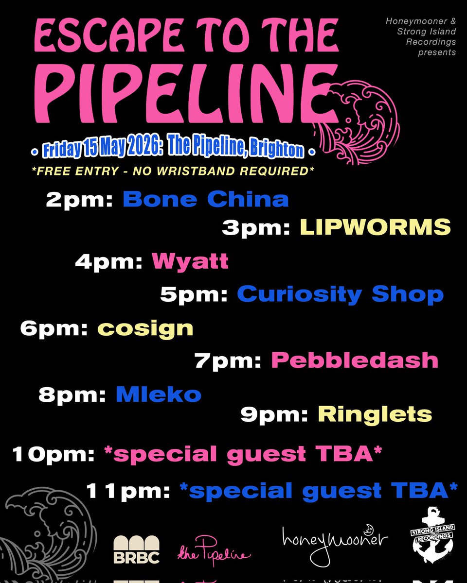 StrongIslandRec's tweet photo. We once again Escape To The Pipeline with our Honeymooner pals and we welcome some of the finest emerging outfits around right now! Special guests to be announced next week. 👀

Free entry as ever. No wristband needed.

See you there! https://t.co/Wkou0feOvQ