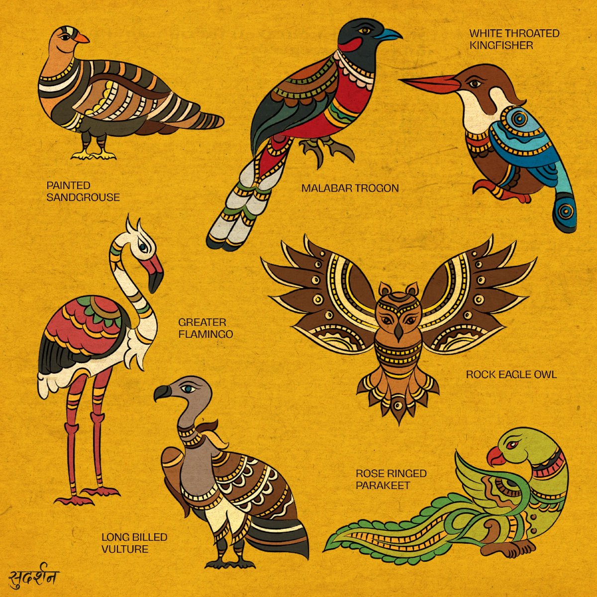 Sudarshanshaw93's tweet photo. Some avi-fauna species from the "Biodiversity Map of Andhra Pradesh" inspired from the techniques and forms of Srikalahashti style of Kalamkari- a popular, beloved and age-old traditional art of Andhra Pradesh.🍀

#folkindica #andhrapradesh #birds #studiokyaari https://t.co/Jz3dIMyPXo