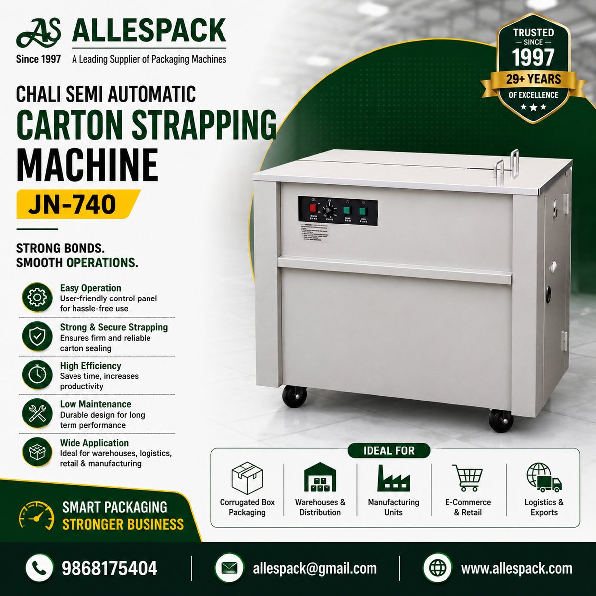 allespack's tweet photo. 📦 Chali Semi Automatic Carton Strapping Machine – JN-740 ⚙️

📞 9868175404
📧 allespack@gmail.com
🌐 https://t.co/uRdCPAvUJC

#Allespack #SemiAutomaticStrappingMachine #CartonStrappingMachine #JN740 #PackagingMachine #IndustrialPackaging #WarehouseSolutions #Manufacturing https://t.co/QXvI4rItOT