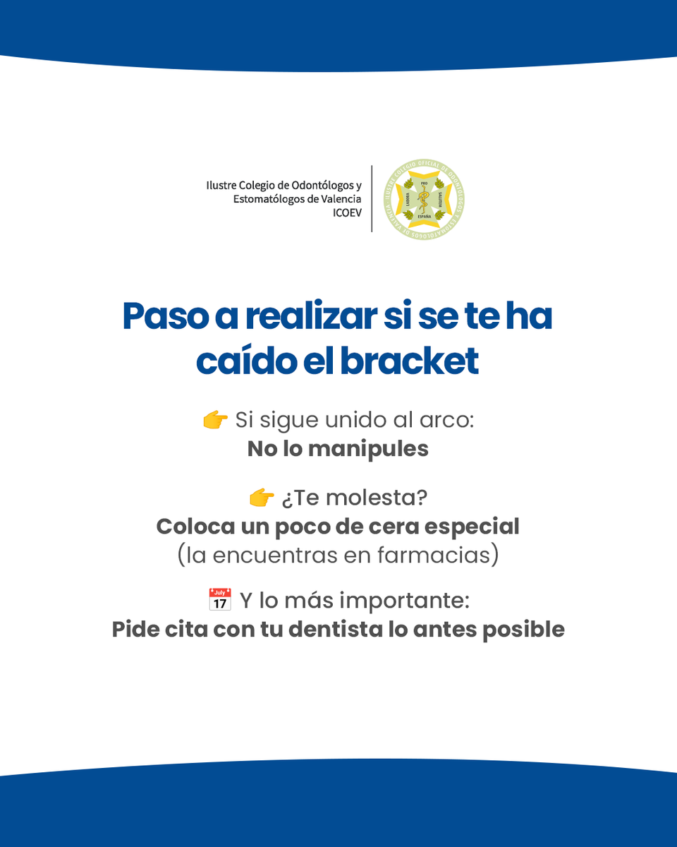 icoev's tweet photo. ¿Se te ha despegado un bracket? Tranquilidad, es más común de lo que parece 😌

Tal y como indica la AESOR se recomienda
✔️ No manipularlo si sigue unido al arco
✔️ Usar cera si te molesta
✔️ Evitar alimentos duros o pegajosos

Guardar este post puede sacarte de un apuro https://t.co/NCWl4Qo3HI