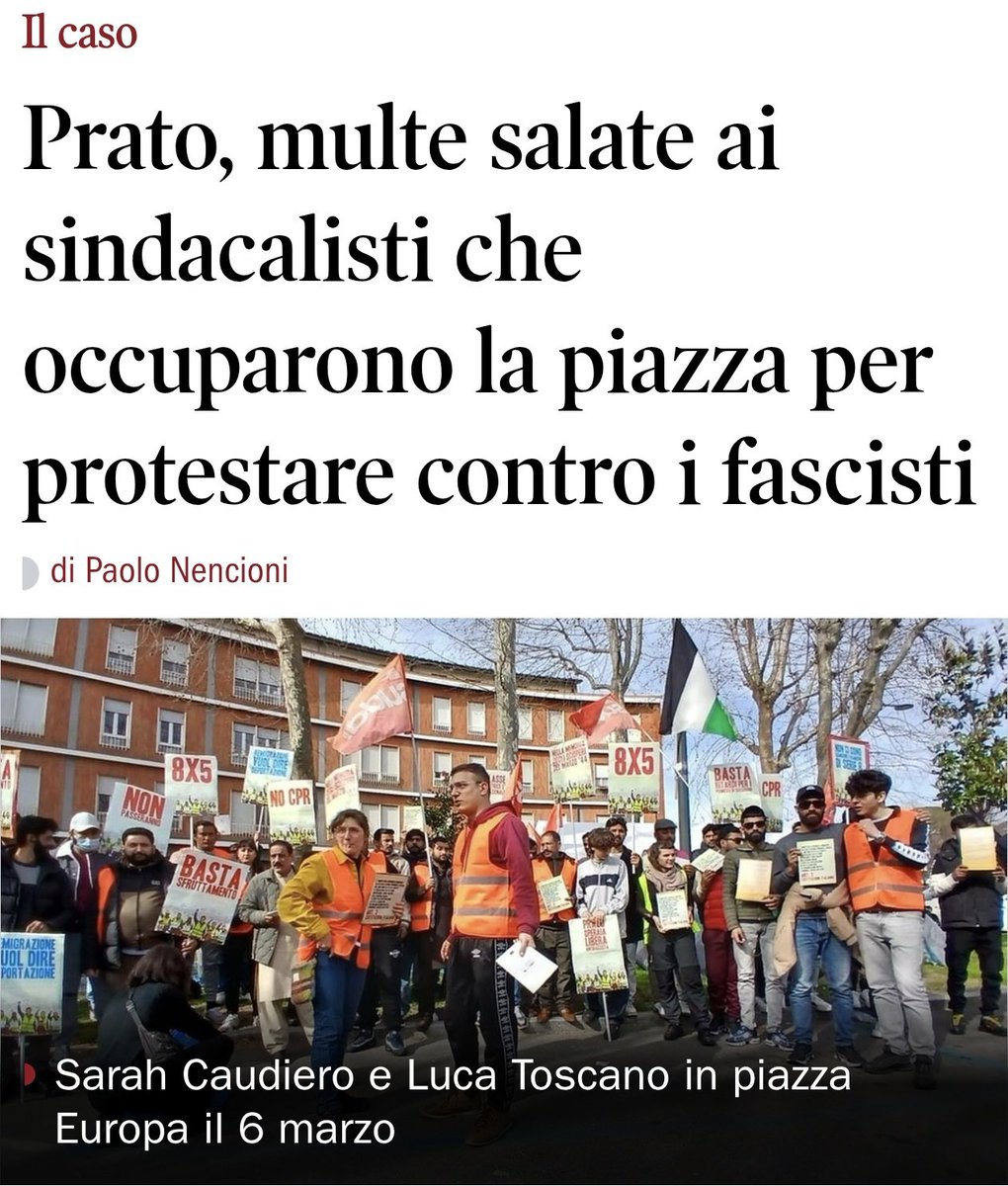 A Prato lo Stato multa chi presidia la piazza contro i neonazisti. Sanzioni fino a 30mila € per chi difende la democrazia, mentre chi sfrutta i lavoratori spesso dorme sonni tranquilli. Questo governo ha scelto da che parte stare. E non è la nostra. Solidarietà a Sudd Cobas.