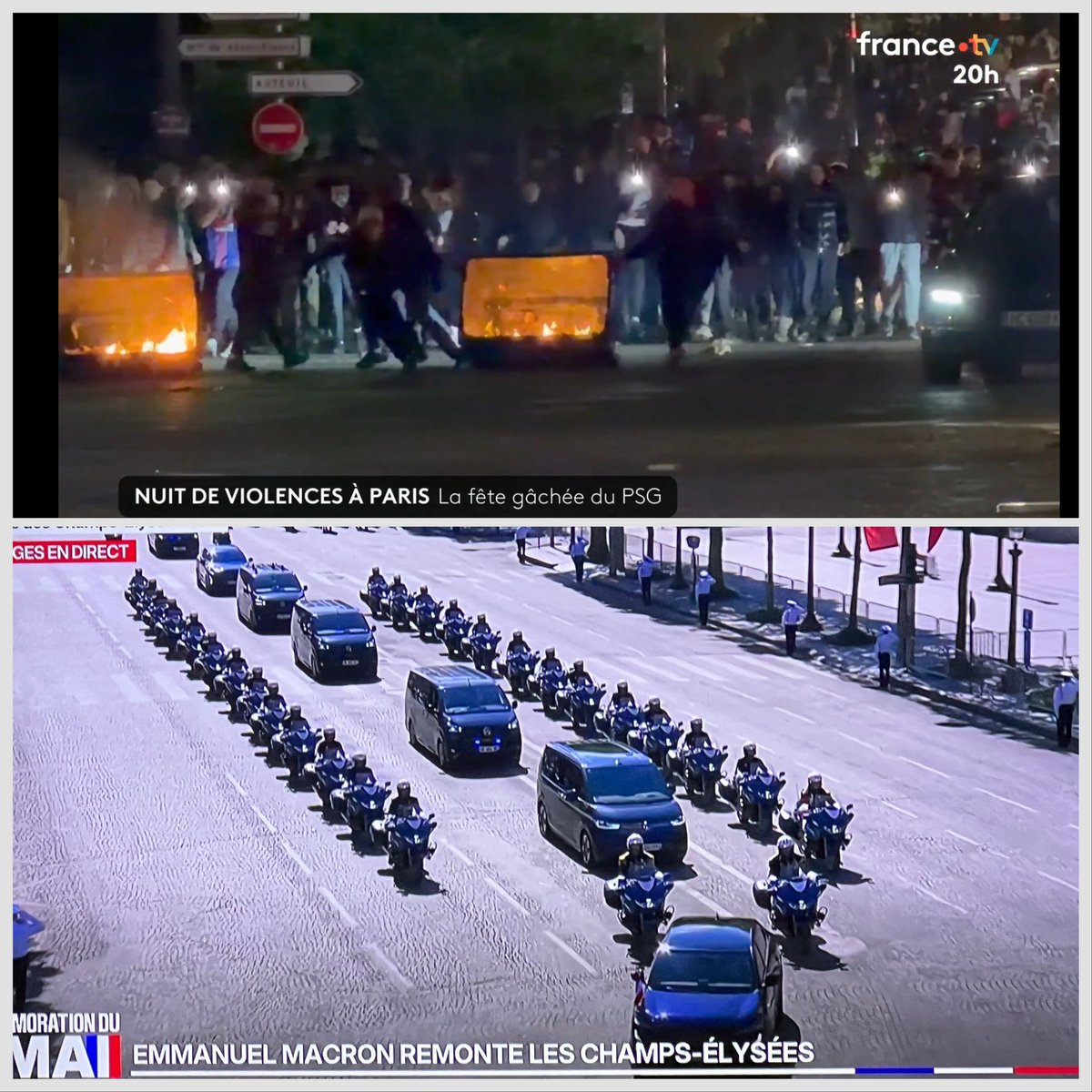 HIER SOIR / CE MATIN 
Un régime sans peuple - arc-bouté sur la sécurité - invente les défilés sans peuple : Champs-Elysees vides. 
Bientôt la nation reviendra avec cœur.
La séparation visible.