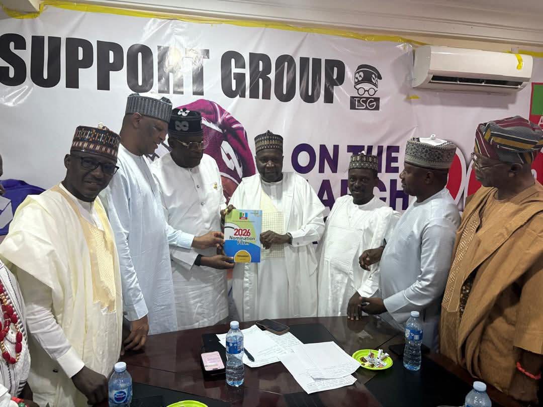 2027:  Governor Muhammad Inuwa Yahaya visits the TSG campaign office to sign the presidential nomination form of Bola Ahmed Tinubu, in the company of the House of Representatives Chief Whip, Hon. Kumo, Senator Karimi, and other members of the National Assembly.