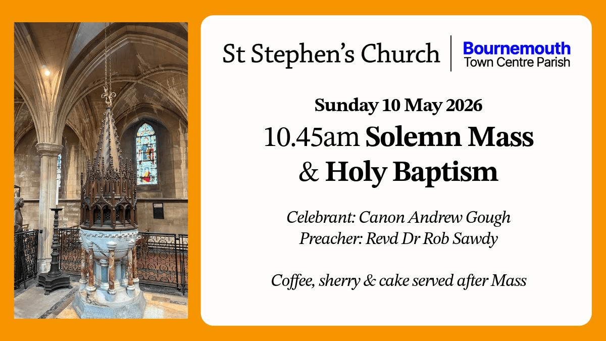 StStephensBmth's tweet photo. Join us on Sunday for Solemn Mass on the final Sunday of the Easter season, with the baptism of baby Zoe, St Stephen's youngest regular Mass-goer. 

The service will be sung to a setting by Martin How, and the motet is 'Above him stood the seraphim' by Richard Dering. https://t.co/qSaGA8RvJF