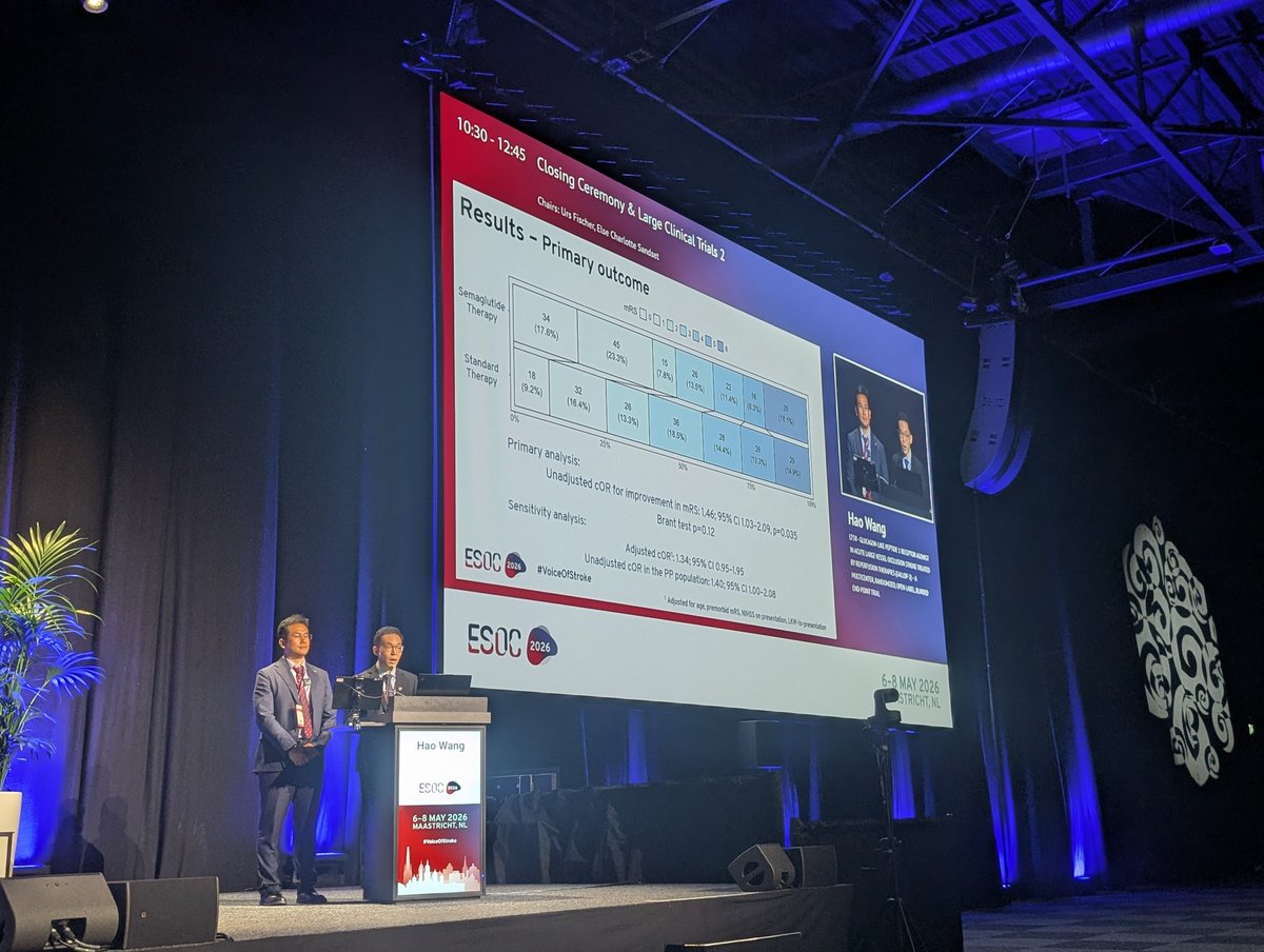 NN_publishing's tweet photo. Semaglutide appears to be an effective adjunct to thrombectomy in LVO stroke patients not receiving thrombolytics, demonstrating improved functional outcomes as well as comparable mortality and sICH rates vs standard care in the GALLOP-2 trial
#ESOC2026 @ESOstroke @IpBonaventure https://t.co/b4adcjBVk4