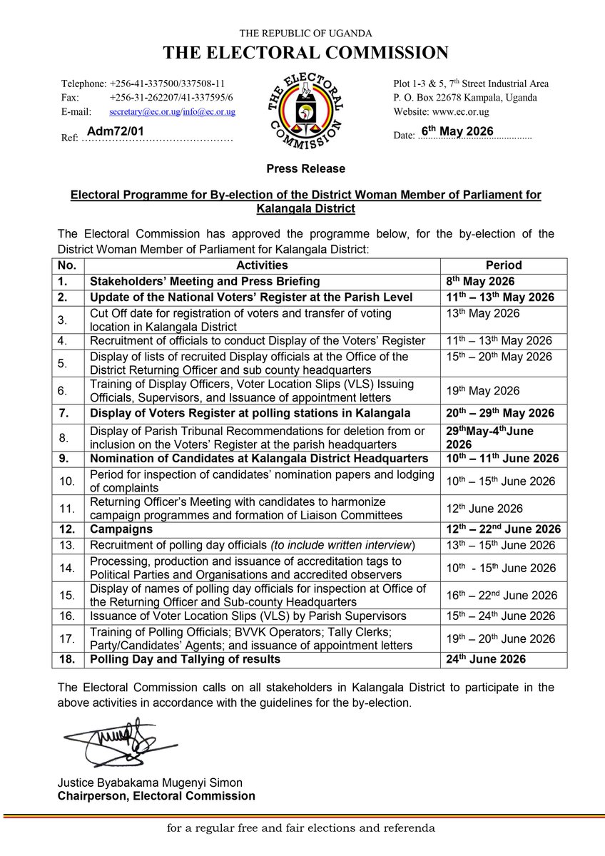 UgandaEC's tweet photo. From the update of the National Voters Register to nominations, campaigns and polling day, the electoral programme for the By-Election of the District Woman Member of Parliament for Kalangala has been released. 
The Electoral Commission calls upon all stakeholders to participate peacefully and in accordance with the electoral guidelines. 

#KalangalaByElection | https://t.co/O5ZmNrrGrp