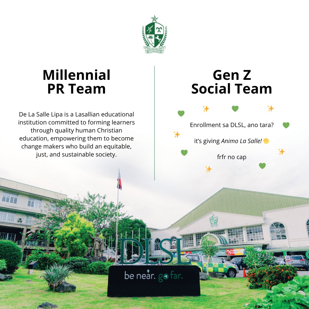 dlslofficial's tweet photo. At De La Salle Lipa, faith, excellence, and service never go out of style. No matter the generation, DLSL has a seat for you. That’s not just PR. That's a fact. 💯

1/2 https://t.co/2iah8EhIFR