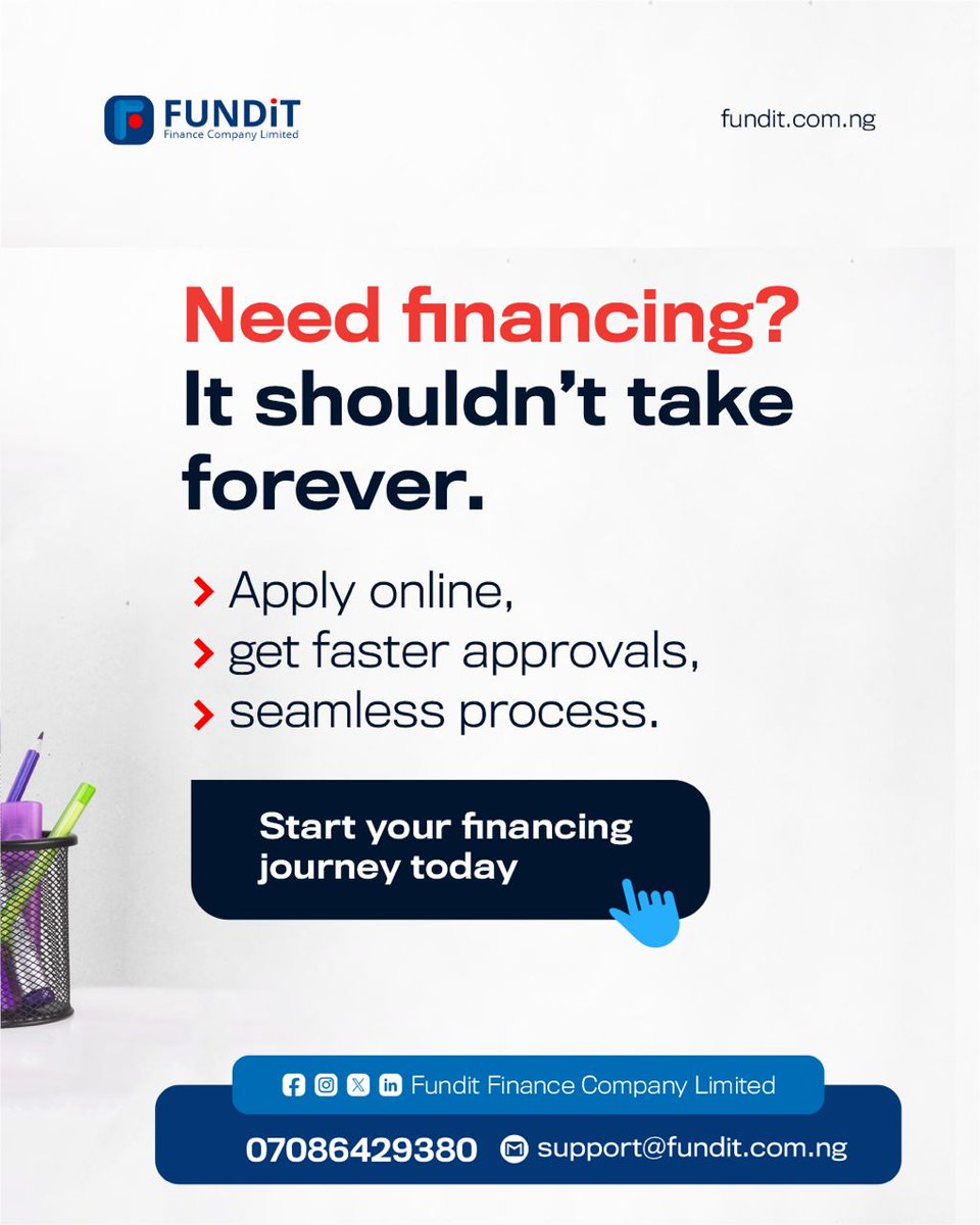 FUNDiTFinancial's tweet photo. Need financing? It shouldn’t take forever.
Apply online, get faster approvals, and enjoy a seamless process with FUNDiT.
Start your financing journey today. #FUNDiT #FinanceMadeEasy https://t.co/ULMYVdLNyr