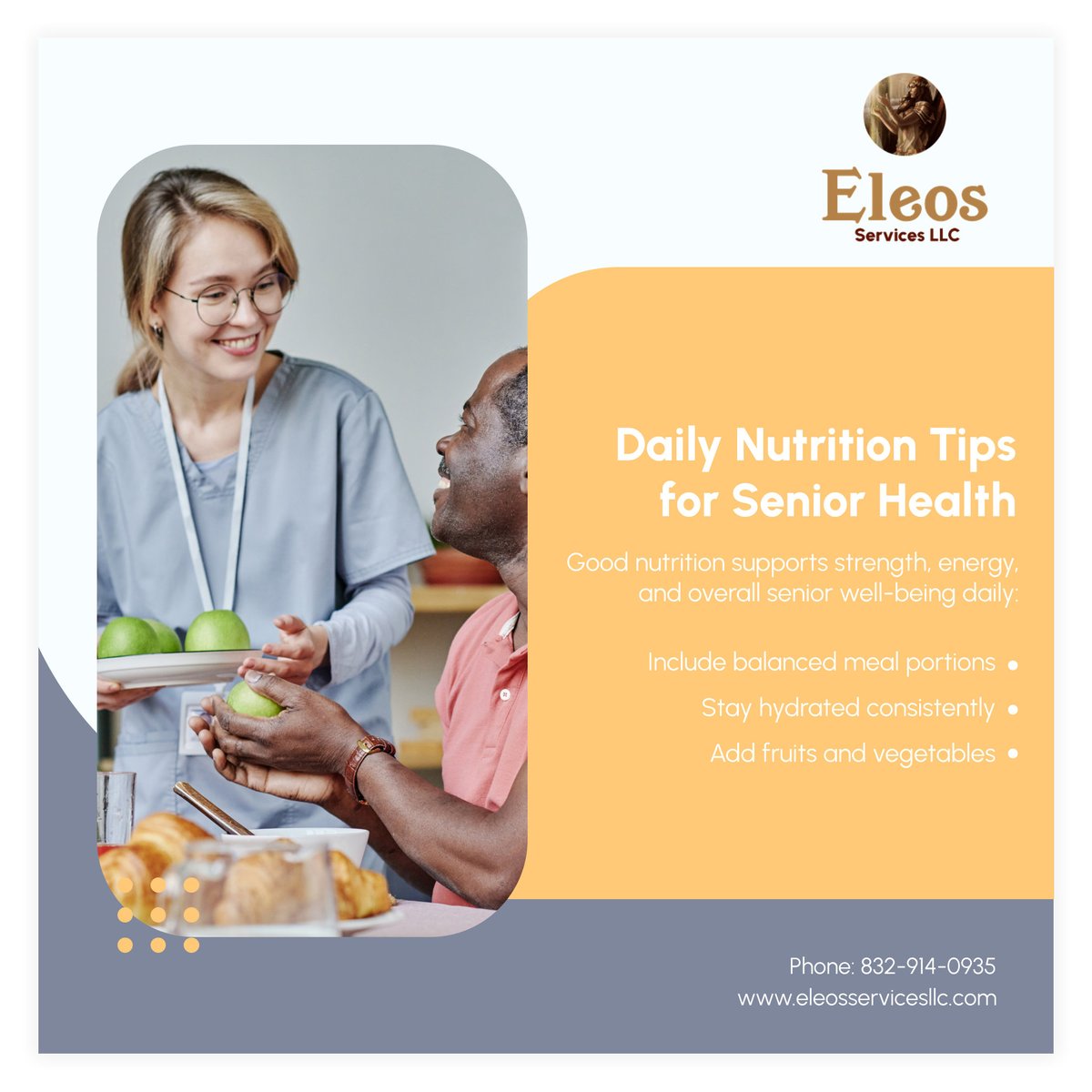 EleosServices's tweet photo. Proper nutrition plays a key role in maintaining senior health and energy levels. 

"When the Going Gets Tough, We Help You Get Going"

#HoustonTX #CypressTX #CopperfieldTX #HomeCareServices #SeniorCare #Caregiving #BusinessRate #BusinessRateReviews #TopRatedOnBusinessRate https://t.co/v9875UZmrD