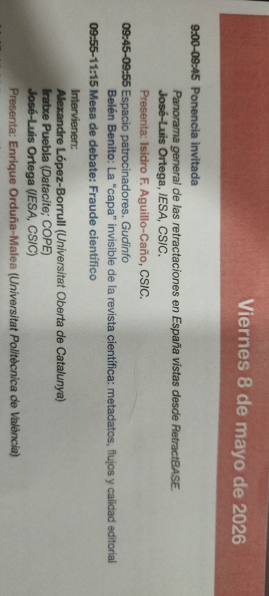De_Paiz's tweet photo. #Crecs2026 Jornada dedicada al fraude científico, sus prácticas, sus repercusiones, etc. tratada por una mesa de expertos espectacular: @alexandrelopez @IratxePuebla @JLOrtegaPriego,  guiada por @eomalea Y las intervenciones magistrales de @isidroaguillo @felixdemoya Aprendiendo https://t.co/qXYKAPhqge