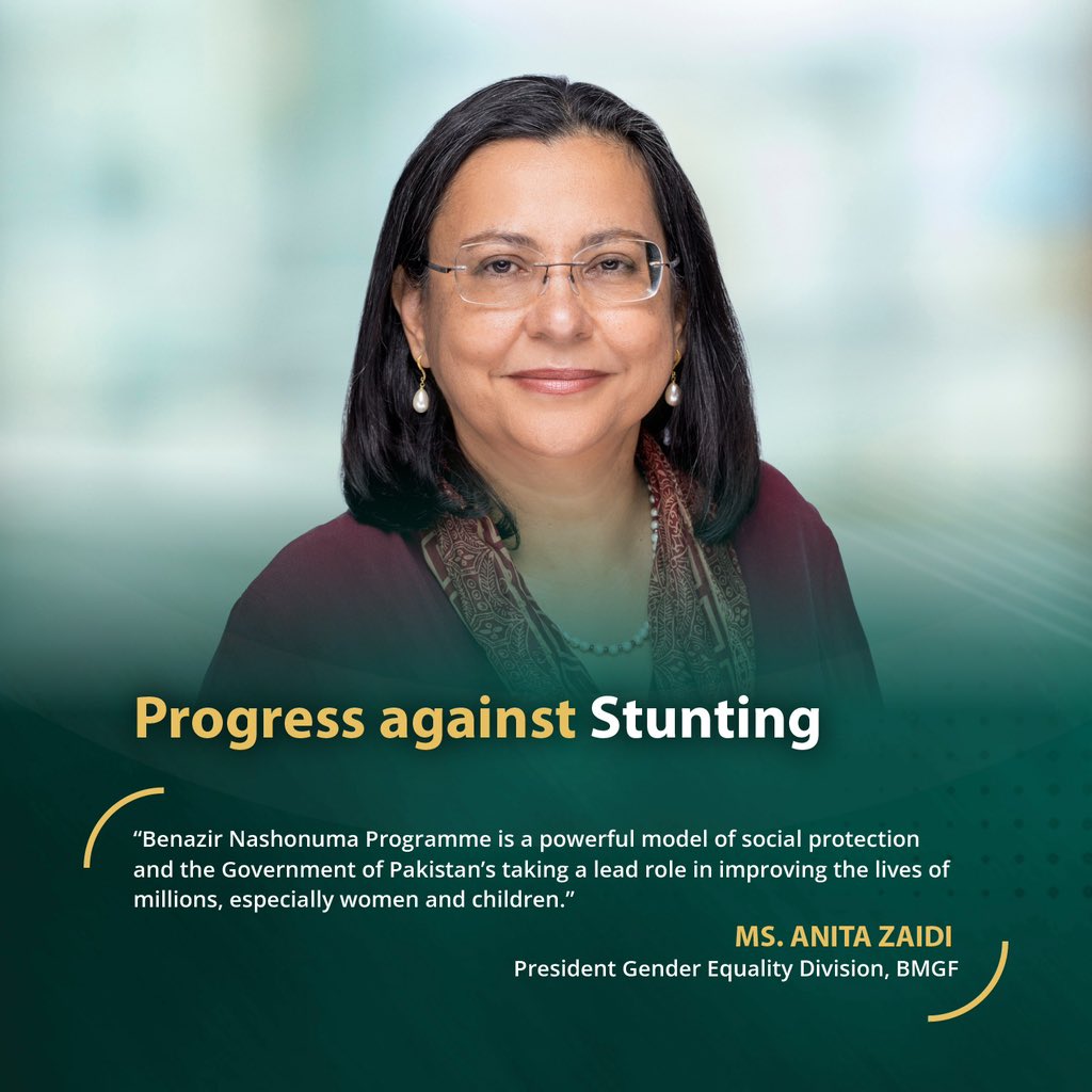 bisp_pakistan's tweet photo. 𝐏𝐫𝐨𝐠𝐫𝐞𝐬𝐬 𝐀𝐠𝐚𝐢𝐧𝐬𝐭 𝐒𝐭𝐮𝐧𝐭𝐢𝐧𝐠 

“Benazir Nashonuma Programme is a powerful model of social protection and the Government of Pakistan’s taking a lead role in improving the lives of millions, especially women and children.” Ms. Anita Zaidi, President Gender Equality Division, BMGF

#BenazirNashonumaProgramme #GenderEquality #MaternalAndChildHealth #HealthForAll #EndMalnutrition