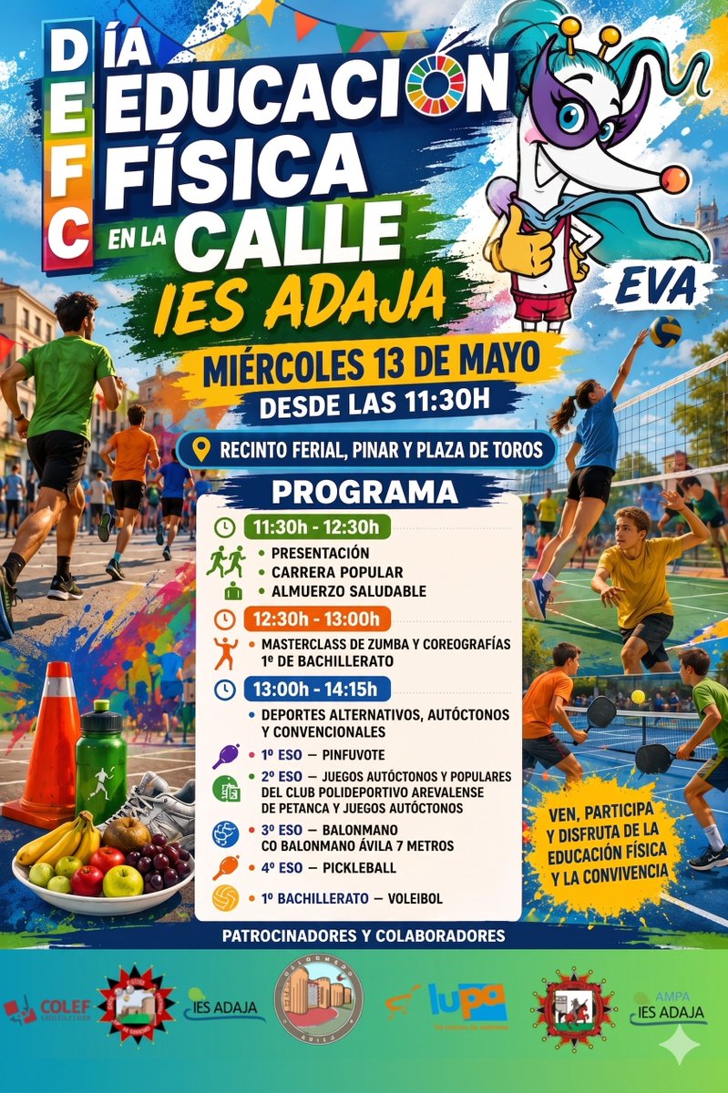 IESADAJA's tweet photo. Anota en tu agenda... El miércoles 13 de
mayo. #DEFC26ADAJA.  “Moviendo cuerpos, conectando motores”
Carrera popular 🏃‍♀️🏃🏼‍♂️👟, almuerzo saludable ��🍏, masterclass de zumba 🕺🏼, deportes alternativos, autóctonos y convencionales 🏐🎾🤾‍♂️
#somosadaja #somoseducacyl #DEFC2026 https://t.co/05ruKPB683