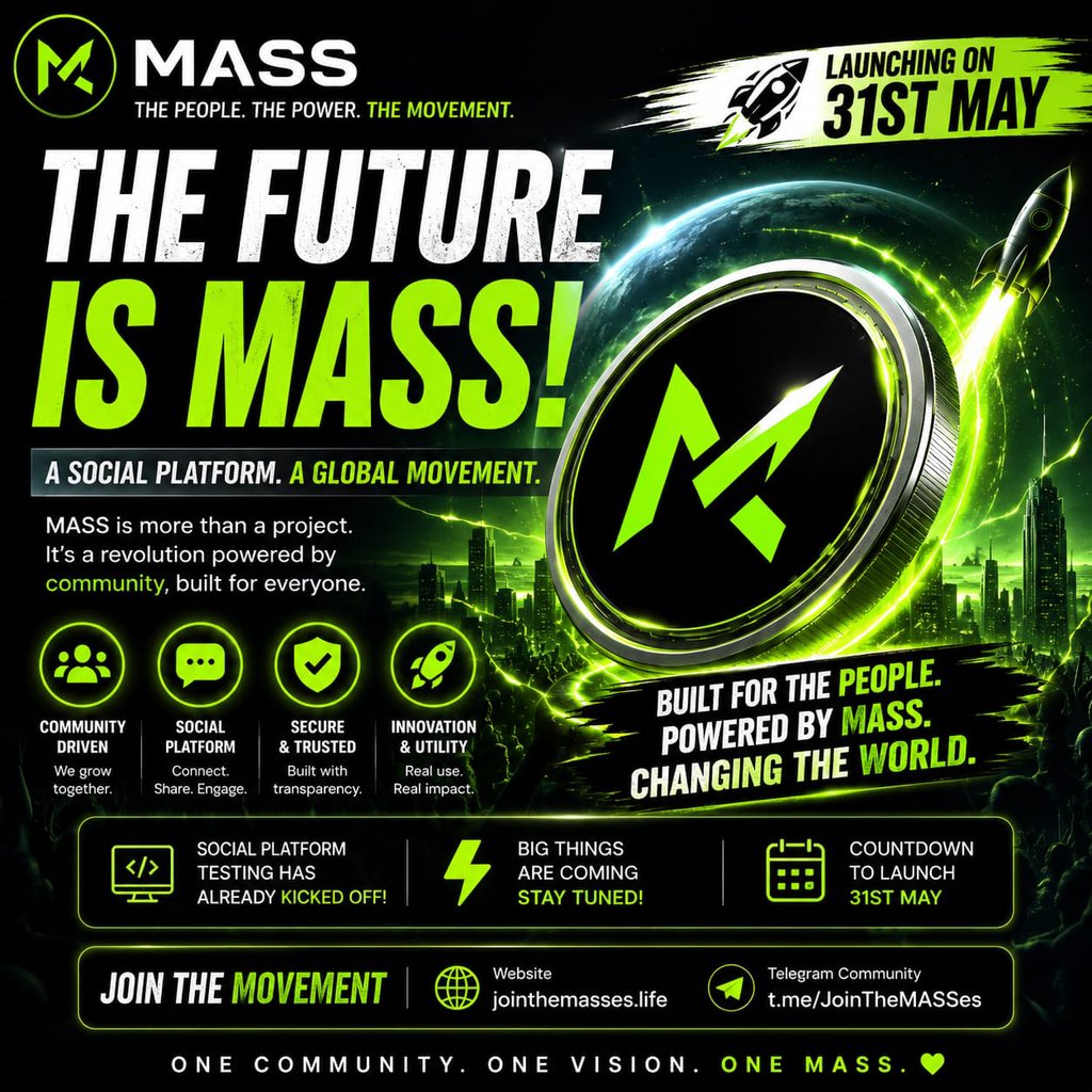 The future is MASS 🚀

A community-driven ecosystem focused on utility, engagement, and real digital experiences.

Social platform testing has officially started and the countdown to launch is getting closer every day 👀

Still early. Stay locked in.

<a href="/MembersMASS/">Members Assurance</a> 

🌐
