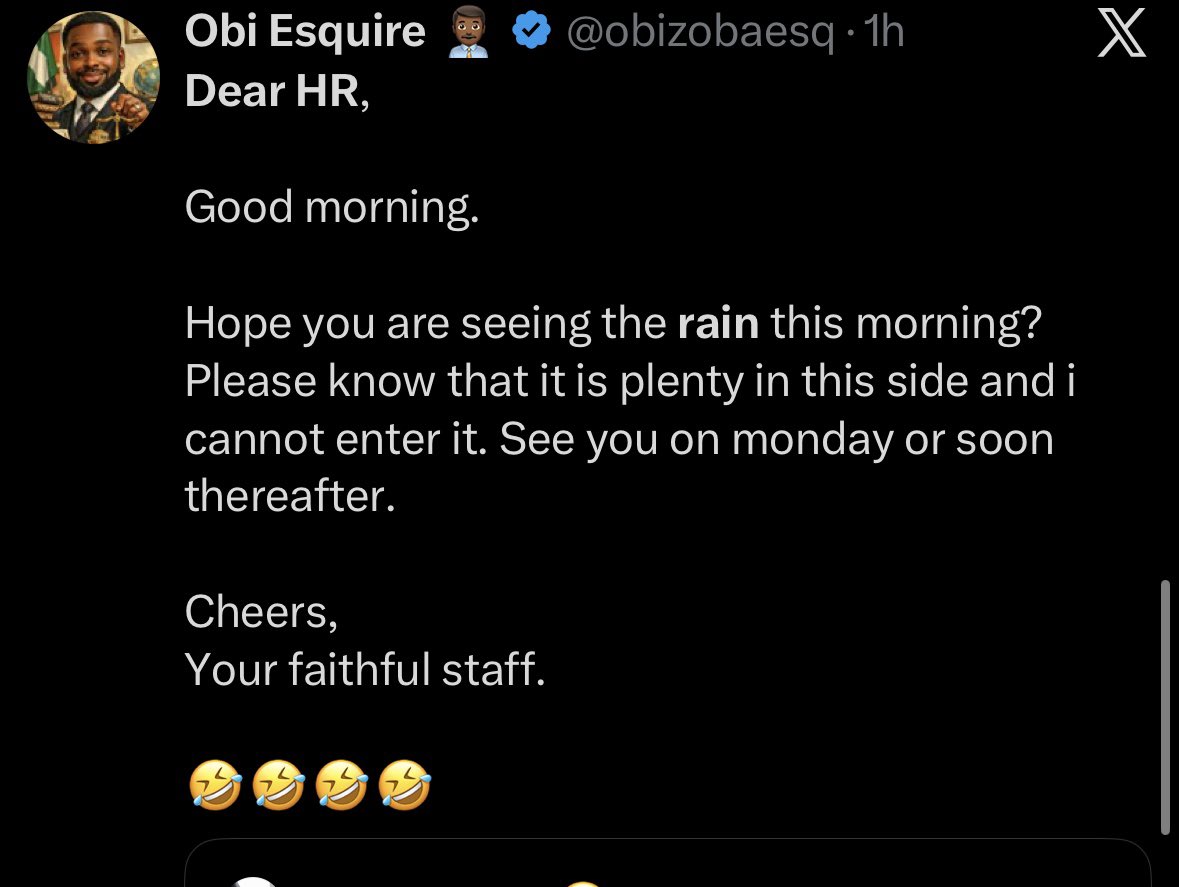 wtfsilver8x's tweet photo. “Dear Hr” tweets on the days it rains everywhere on twitter Ng are the funniest  😂 https://t.co/cTswCE52HN
