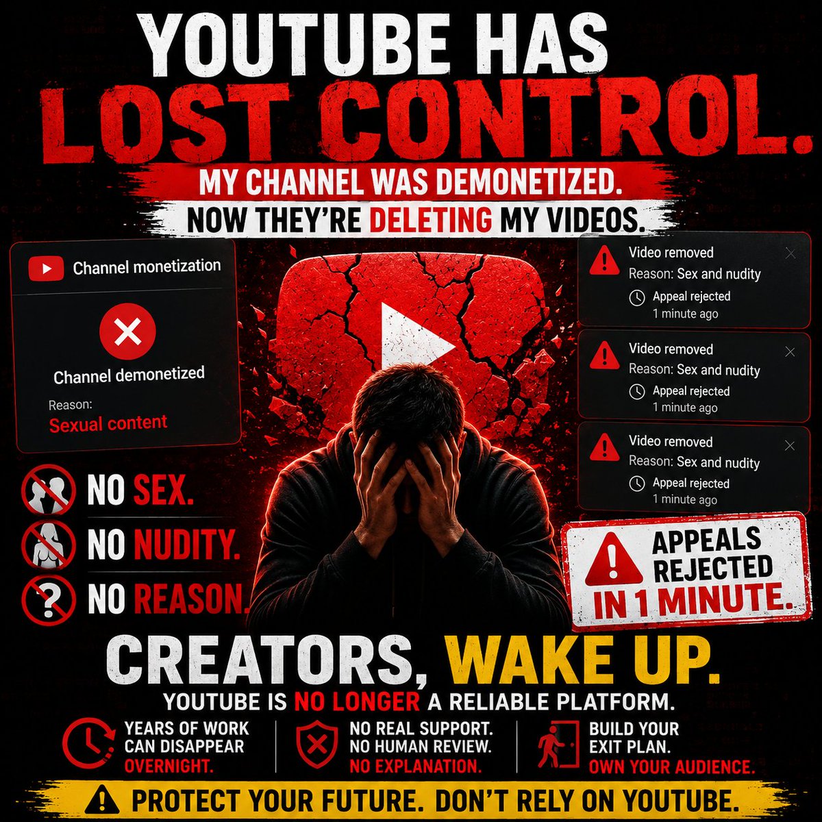 The_Ai_Fanatic's tweet photo. ⚠️ A serious warning to all content creators.

Last month, YouTube demonetized my channel for “sexual content.”

Now they’ve started removing my videos for “sex and nudity.”

Here’s the problem…

There is NO sex. There is NO nudity. Nothing even remotely close.

And every appeal I submitted was rejected almost instantly… sometimes within a minute.

At this point, it honestly feels like YouTube has completely lost control.

To every creator reading this:

Start preparing your backup plan. Start building outside of YouTube. Start owning your audience.

Because after years of hard work, thousands of hours, sleepless nights, passion, and dedication…

Everything can be taken away overnight, with no real explanation, no human review, and no meaningful support.

YouTube is no longer a platform creators can blindly rely on.

Creators… it may be time to seriously think about what comes next.

#YouTube #ContentCreator #YouTubeCreator #Monetization #CreatorEconomy #DigitalCreator