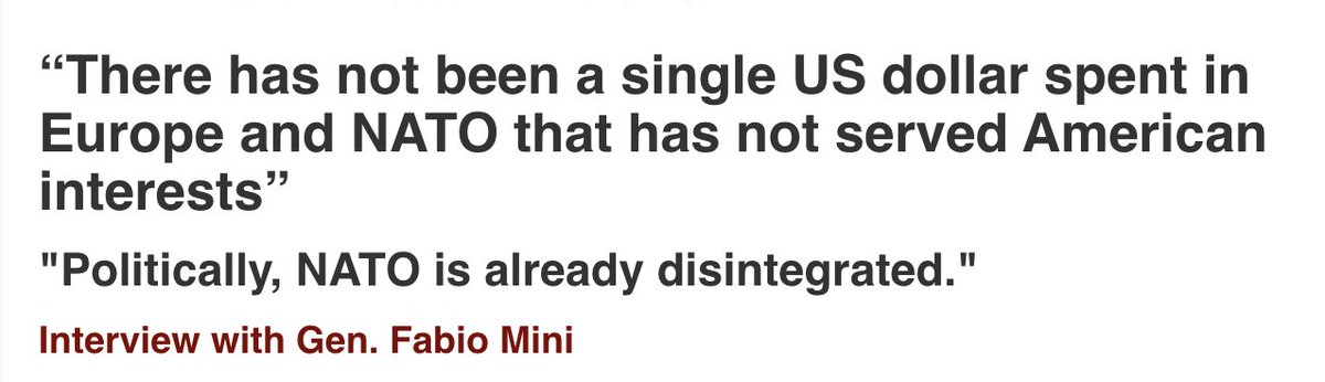 Italian general and former NATO commander Fabio Mini: “There has not been a single US dollar spent in Europe and NATO that has not served American interests”. 

sinistrainrete.info/geopolitica/32…