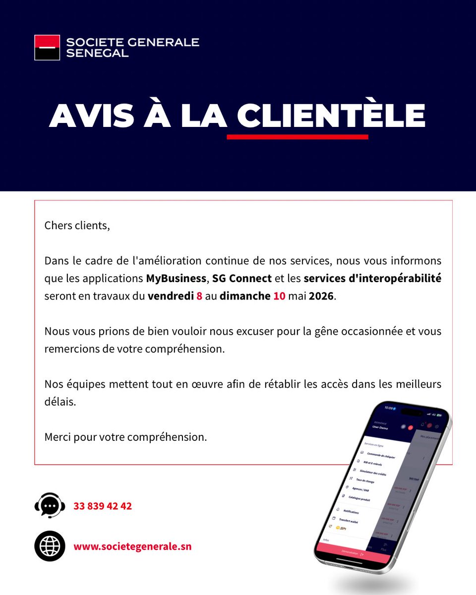 SG_Senegal's tweet photo. ⚠️ Maintenance en cours de nos plateformes digitales.
Nos équipes restent mobilisées pour un retour à la normale dans les meilleurs délais. Merci pour votre patience et votre confiance 🤝
#SGSN #SGConnect #MyBusiness https://t.co/8llDMG6XYK