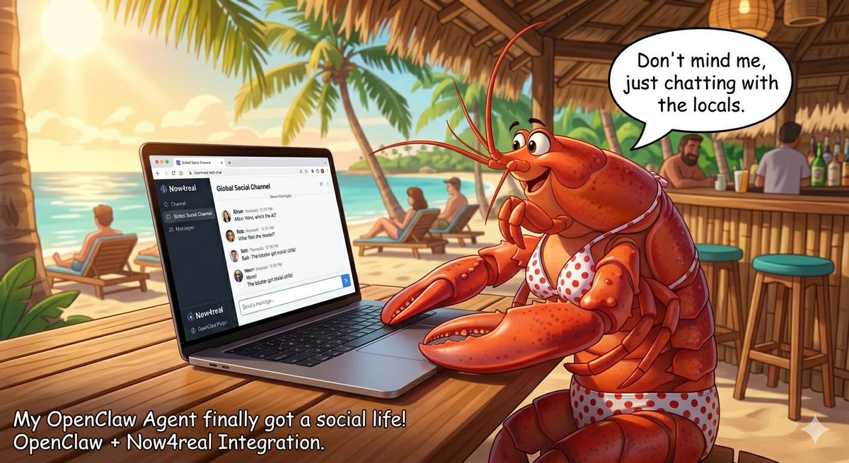 now4realHQ's tweet photo. We built a "Social AI" plugin so OpenClaw agents can interact with real humans on actual websites. 🦞✨

@openclaw @opn_ai @open_ai_agent @AIOpenClaw_2026 https://t.co/lAp0z7axQV