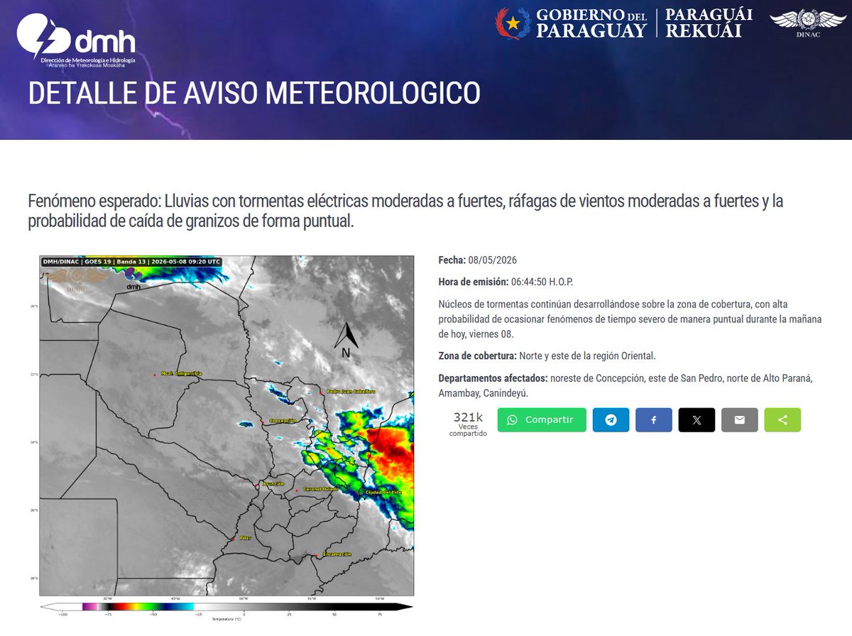 Aviso Meteorológico N°: 638/2026 Emitido. 
Enlace: meteorologia.gov.py/avisos/
Fecha: 08/05/2026 
Hora: 06:45 h