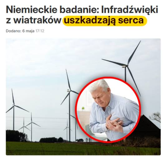 PUsiadek's tweet photo. ⁨🫀 Niemieccy naukowcy: wiatraki mogą niszczyć serce. Tusk chce je stawiać 500 m od domów❗

Na 132. Kongresie Niemieckiego Towarzystwa Medycyny Wewnętrznej w Wiesbaden w kwietniu 2026 roku prof. Christian-Friedrich Vahl z Universitätsmedizin Mainz zaprezentował wyniki retrospektywnej analizy danych z kas chorych z lat 2015-2024. Porównano cztery gminy w okręgu Paderborn: Borchen i Lichtenau z 224 turbinami wiatrowymi kontra Delbrück i Hövelhof z zaledwie 8 turbinami. Zbliżona struktura wieku, płci i warunków socjoekonomicznych.

Wyniki są niepokojące. W gminach z dużą gęstością wiatraków zapadalność na niewydolność serca wzrosła o 21-68 procent rocznie w latach 2021-2024, a na groźne zaburzenia rytmu - podobnie lawinowo. 

To nie są pierwsze sygnały z laboratorium prof. Vahla. Wcześniejsze eksperymenty na izolowanym ludzkim mięśniu sercowym pokazały, że infradźwięki obniżają siłę skurczu i zaburzają metabolizm wapnia w komórkach serca. Badanie było krytykowane za poziomy ekspozycji wyższe niż realne emisje turbin – jednak nowa analiza retrospektywna rzuca na to nowe światło.

Polska powinna te badania śledzić uważnie. W 2023 roku rząd PiS zmniejszył minimalną odległość farm wiatrowych od domów z kilometra do 700 metrów. Koalicja Tuska chce zejść do 500 metrów. Premier Tusk nazwał wiatraki "przyszłością naszej energetyki."

Pytanie jest proste: czy przed zmniejszeniem odległości do 500 metrów przeprowadzono jakiekolwiek badania wpływu infradźwięków na zdrowie mieszkańców? Jeśli niemieccy naukowcy dostrzegają problem i prezentują go na kongresach medycznych - polskie Ministerstwo Zdrowia i Ministerstwo Klimatu powinny mieć na ten temat stanowisko. Mają?⁩
