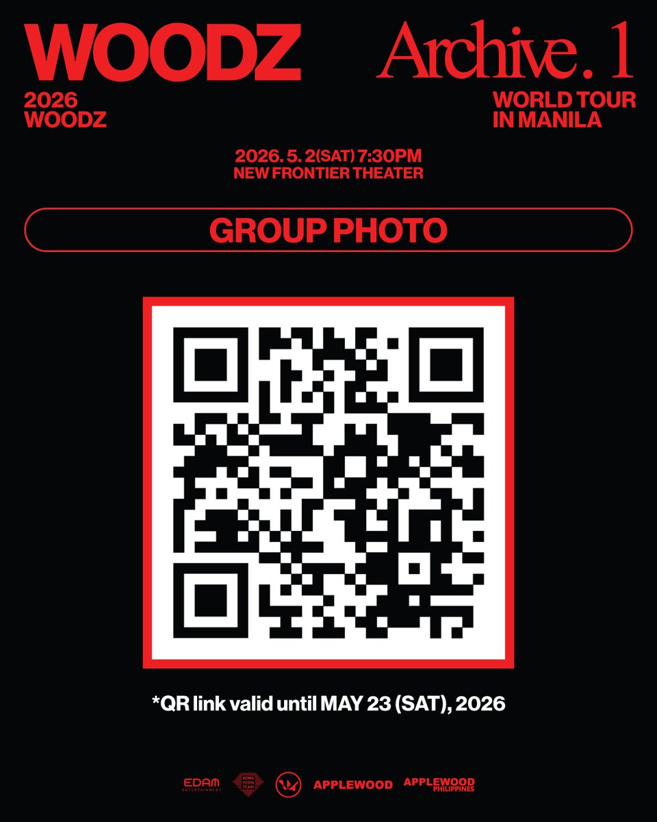 applewood_kr's tweet photo. 𝟮𝟬𝟮𝟲 𝗪𝗢𝗢𝗗𝗭 𝗪𝗢𝗥𝗟𝗗 𝗧𝗢𝗨𝗥＇𝗔𝗿𝗰𝗵𝗶𝘃𝗲. 𝟭＇𝗜𝗡 𝗠𝗔𝗡𝗜𝗟𝗔

MOODZ, thank you for creating unforgettable memories together with WOODZ ❤️
Every smile and every moment shared becomes even more special each time we look back on it ✨

Scan the QR code below to relive your special moment with WOODZ 📸✨
You can access and download the Group Photo only until May 23(Sat), 2026.

#WOODZ #우즈
#Archive1 #Archive1_in_Manila
#APPLEWOOD #APPLEWOODPH