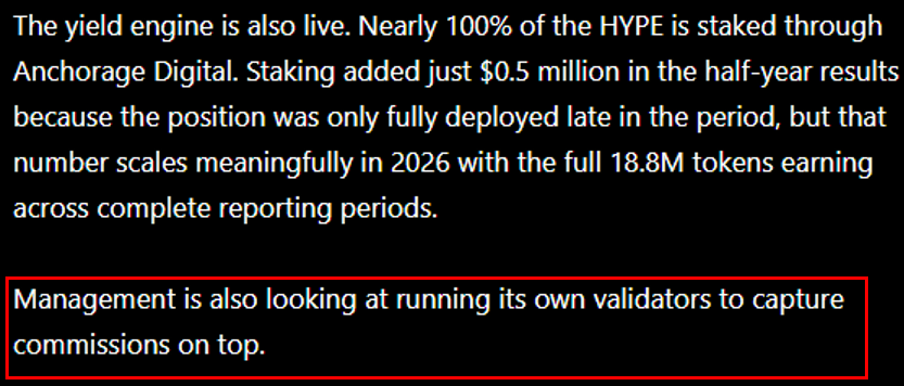 I highlighted this in my recent article.👀

Management was exploring running its own validators to capture commissions on top of staking rewards.

If you want to better understand <a href="/HypeStrat/">Hyperliquid Strategies Inc</a> and <a href="/HyperionDeFi/">Hyperion</a>  go check it out: x.com/0xMacroguy/sta…