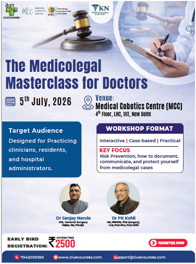 CLUE_Courses's tweet photo. Introducing — The Medicolegal Masterclass for Doctors!A one-day, intensive workshop designed to equip doctors, residents &amp; hospital administrators with the tools to navigate today's complex medicolegal landscape.📷 Date: Sunday, 5th July 2026 https://t.co/Kb5dgTiszm