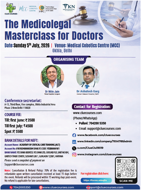 CLUE_Courses's tweet photo. Introducing — The Medicolegal Masterclass for Doctors!A one-day, intensive workshop designed to equip doctors, residents &amp; hospital administrators with the tools to navigate today's complex medicolegal landscape.📷 Date: Sunday, 5th July 2026 https://t.co/Kb5dgTiszm
