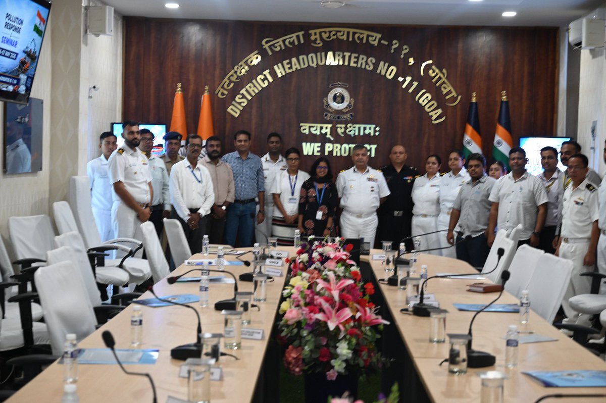 IndiaCoastGuard's tweet photo. @IndiaCoastGuard District HQs #Goa conducted a two day #PollutionResponse Seminar from 06-07 May 26, reinforcing operational preparedness for effective oil spill management and streamlining response procedures for marine pollution incidents. The seminar witnessed active participation from all concerned state agencies and maritime stakeholders, fostering coordinated response mechanisms and inter agency synergy. Presentations and live demonstrations of advanced pollution response equipment highlighted the robust ship-based pollution response capabilities of the #ICG. The exercise also revalidated Standard Operating Procedures to ensure cleaner, safer seas and strengthened commitment towards marine environment protection.
#MarineEnvironmentProtection #CleanSeas #SwachSagar #WeProtect