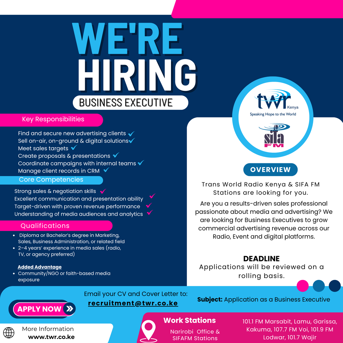 twrkenya's tweet photo. Opportunity Opportunity
Are you a results-driven sales professional passionate about media and advertising?
We are looking for Business Executives to grow commercial advertising revenue across our Radio, Event and digital platforms https://t.co/UvOdPumMaA