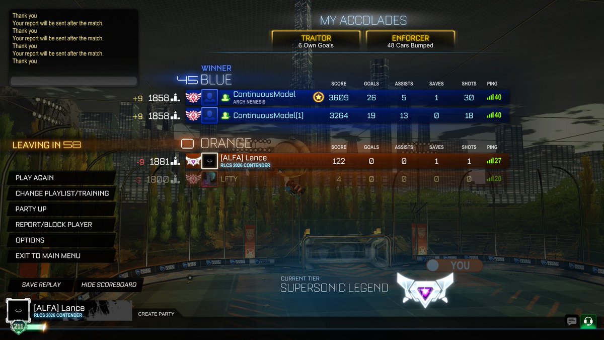 Lance__RL's tweet photo. Not only can’t they be banned mid-game but it was on a 72 winstreak, I just hope ppl working on the EAC team outweigh the bot devs in the long run or else we are cooked @RLEsports @Strykr916, I get there will always be hackers but 72 winstreak? https://t.co/NcdpX7rBEh