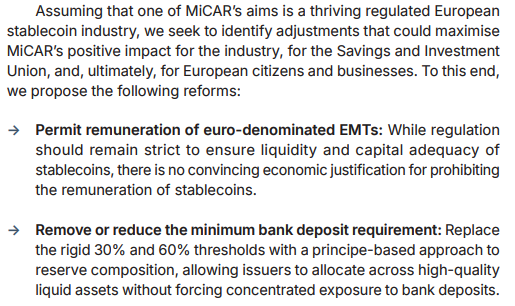 SebVentures's tweet photo. Ulrich Bindseil seems to be on a warpath since leaving the @ecb . Amazing what happens when people can actually say what they think.
https://t.co/JONdpegwGz
Gems:
"Relying excessively on bank deposits for backing brings an element of fractional backing to EMI-issued EMTs which in times of financial stress could lead to fragility, even with banking regulation and liquidity support for banks"
"remunerated stablecoins would not be expected to offer yields as high as those of short-term, high-quality debt instruments that back them. Rather, their remuneration would likely be lower due to their superiority as moneys – a convenience yield (which mirrors their need to hold only assets of highest liquidity and credit quality)."
"without promoting euro-denominated stablecoins, the euro will continue to underperform relative to the role it could play in international finance."
"Of course, there remains some uncertainty over the impact of remunerated stablecoins on the banking and broader financial systems, but it is vital to move away from knee-jerk claims about stablecoins’ impacts on banks"
"The minimum required deposit share of stablecoin reserves under MiCAR appears to be not only a symptom of the influence of banks on MiCAR, but also of a collective failure to understand flow of funds dynamic which led to the wrong conclusion that stablecoins absorb deposits if they invest their reserves into securities, while they do not if they hold deposits with banks"