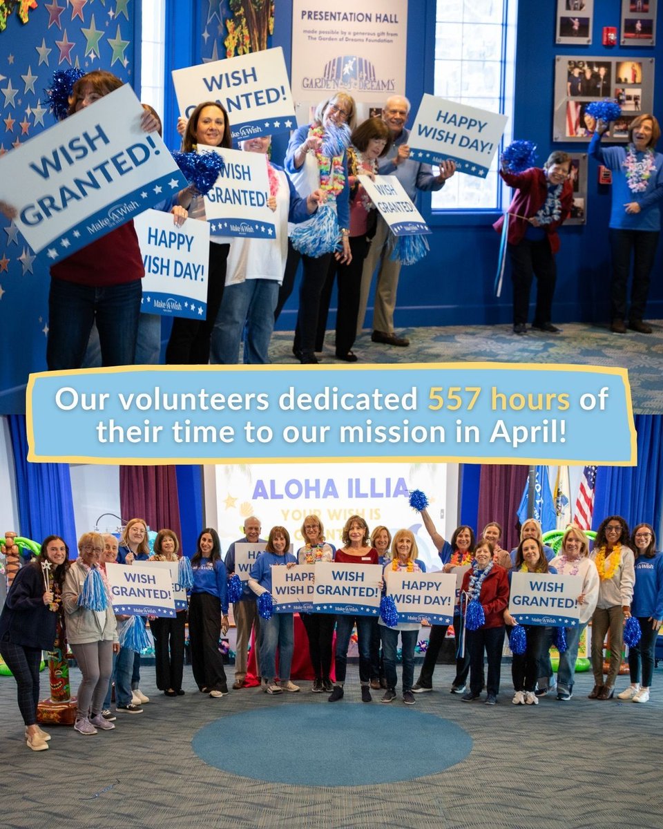 wishnj's tweet photo. 🌟 April Recap🌟 
In April, we granted 55 wishes! From trips to destinations like Japan and Hawaii—to wishes for a companion like a puppy, our wish kids inspire us every day 💙 Thank you to our volunteers, who spent 550+ hours dedicating their time to our mission! https://t.co/OkkybJrxAZ