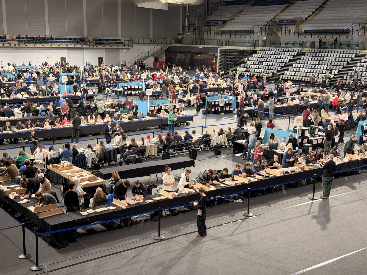tonymcguire's tweet photo. Showtime at the Glasgow count. Who wants to take a big swing at results in Scotland’s largest city? #Holyrood2026 #ScotlandElection https://t.co/kvf1RlgX7t
