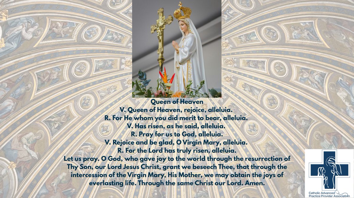 The Regina Caeli replaces the Angelus during the Easter season and is traditionally prayed at 6 AM, noon, and 6 PM. It joyfully proclaims Christ’s Resurrection with Mary, Queen of Heaven: Alleluia!