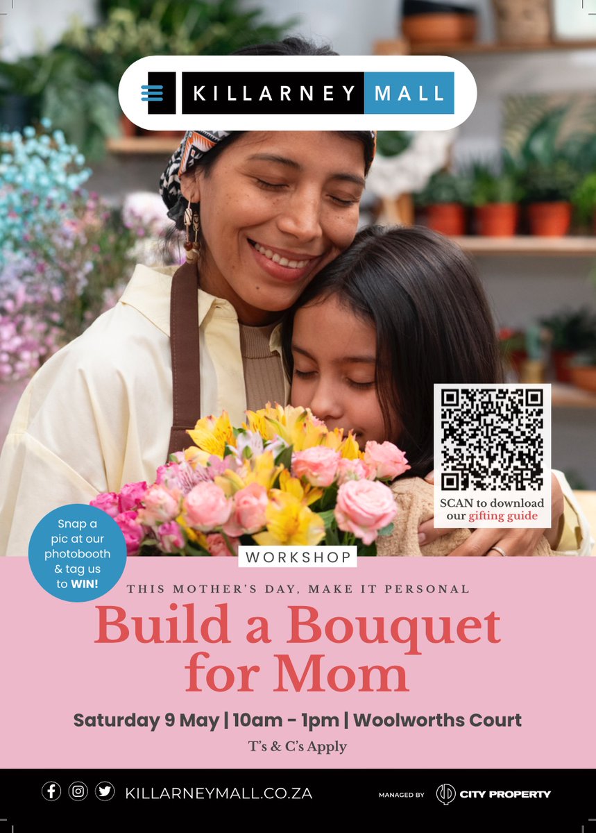 KillarneyMall's tweet photo. This Mother’s Day, make a memory 🌸
Join us at Killarney Mall for a special bouquet-building experience for moms &amp; their children.
📅 Sat, 9 May | 10:00–13:00
📍 Woolworths Court
👩‍👧 First 50 mom &amp; child pairs only (1 bouquet per pair)

T&amp;Cs apply https://t.co/ayvoZnHKAX