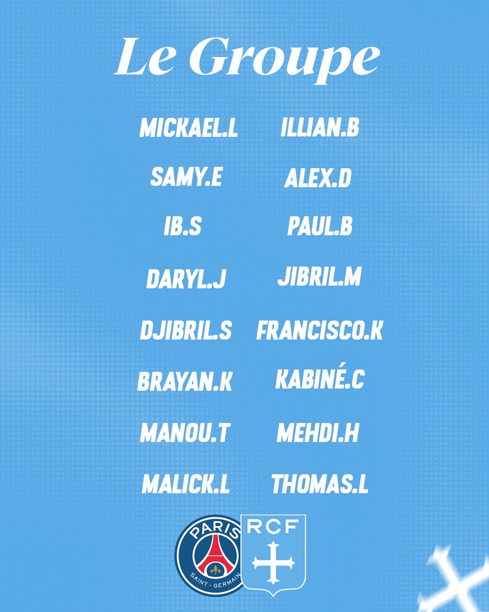 racing_cff's tweet photo. JOUR DE DERBY 🔵⚪️
Voici le groupe pour cette vingt-sixième journée de #19NAT face au Paris Saint Germain à 16h00 au Campus.
Live dans nos story Instagram : @racing_cff !
#AllezRacing #RCF https://t.co/wpTOD7dmNZ