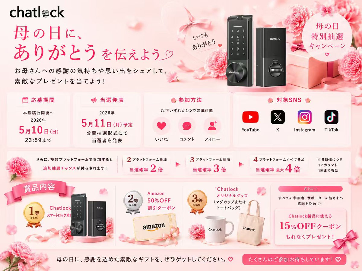 🌸 母の日特別抽選キャンペーン 🎁 賞品 一等奖（1名）：Chatlock