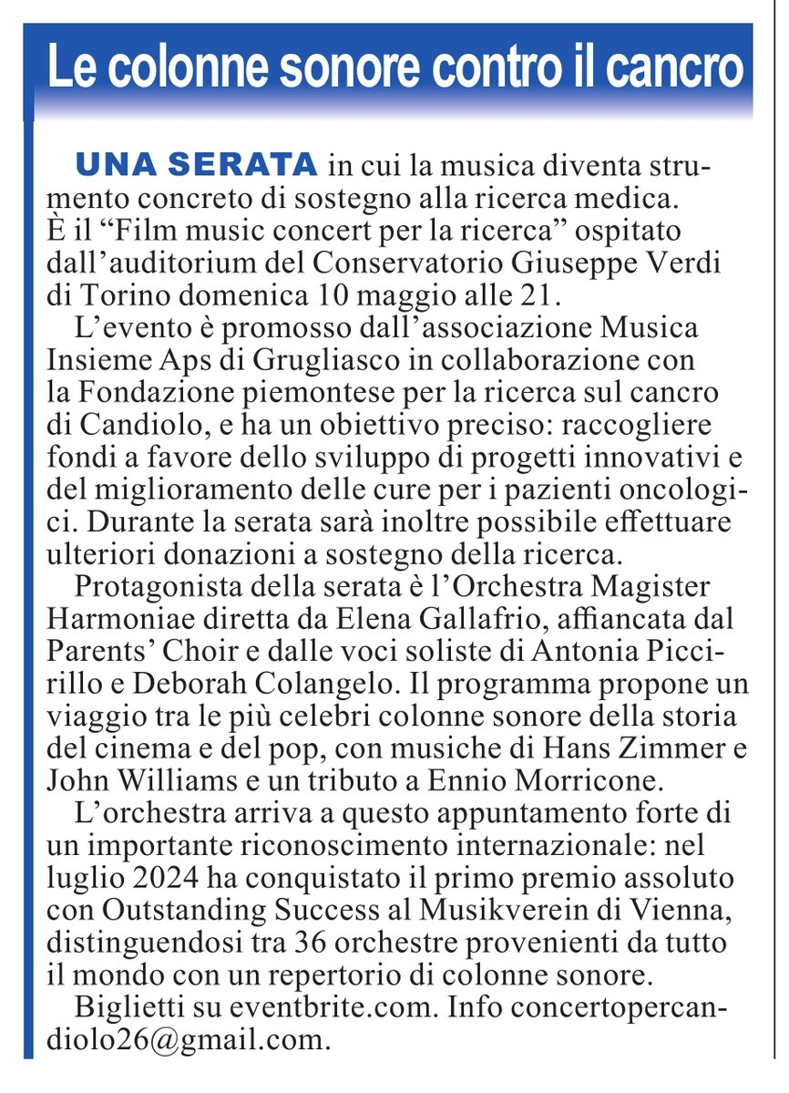 #scrivonodinoi
Ringraziamo la Redazione di Luna Nuova per la pubblicazione! 

Domenica 10 maggio 2026 ore 21
Conservatorio di Torino

FILM MUSIC CONCERT... per la Ricerca 
a sostegno della Fondazione Piemontese per la Ricerca sul Cancro - Candiolo

concertopercandiolo26@gmail.com