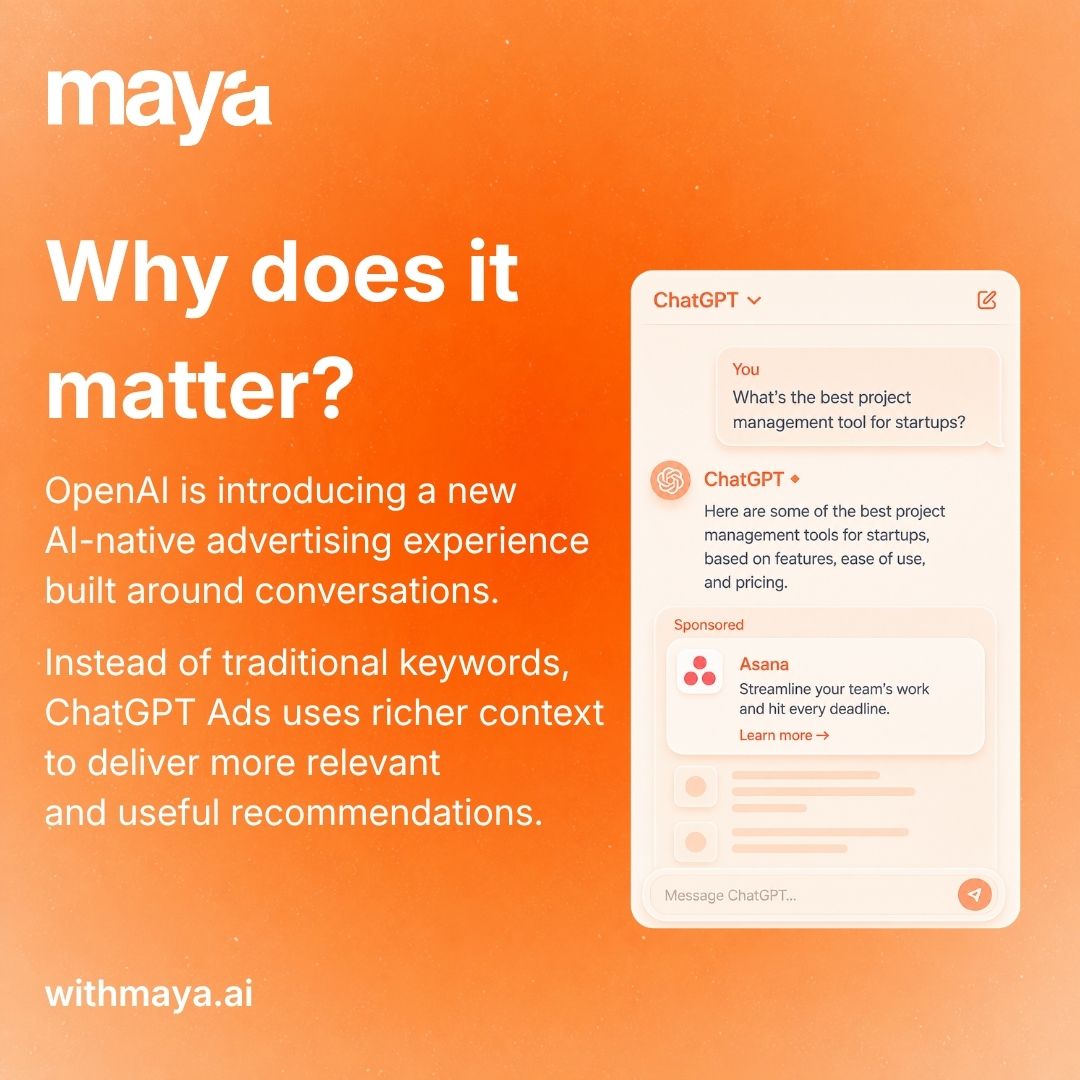 withmayaai's tweet photo. AI is changing how people discover brands.

The journey is no longer:
Search → Compare → Decide
Now it’s:
Ask AI → Get an answer → Take action

This shift is creating a new era for digital advertising.
#withmaya #ChatGPT #AI https://t.co/JMsmSimaSL