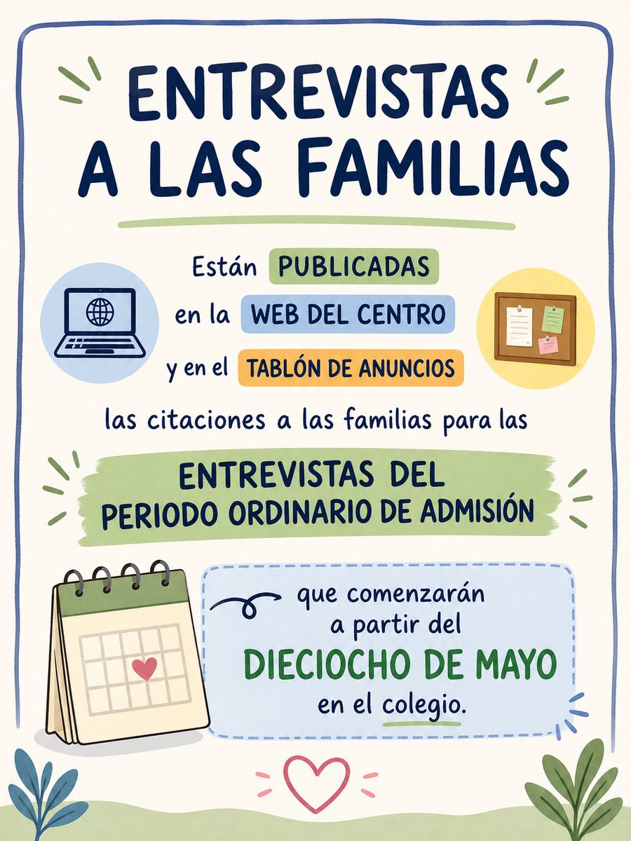VivesCe's tweet photo. 📢 Ya están publicadas en la web del centro y en el tablón de anuncios las citaciones para las entrevistas a las familias del periodo ordinario de admisión.
🗓️ Las entrevistas comenzarán a partir del 18 de mayo en el colegio.
¡Os esperamos! https://t.co/N8903iOS8F