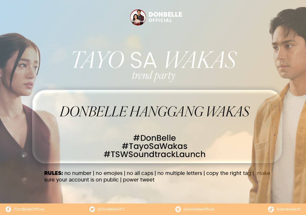 The soundtrack isn’t even fully out yet but the emotions are already HERE. 😭Ready your taglines, Bubblies! Let’s make noise for #DonBelle and #TayoSaWakas tonight!

DONBELLE HANGGANG WAKAS 

#TSWSoundtrackLaunch