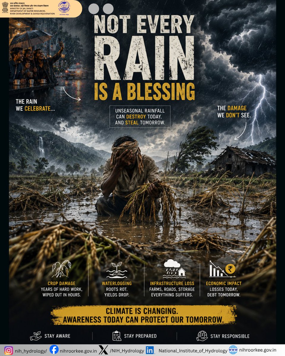🌧️ The rain we celebrate today may silently destroy tomorrow’s harvests.

Unseasonal rainfall is not just a weather change — it can damage crops, flood fields, weaken infrastructure, and affect livelihoods.

Climate change doesn’t always arrive with heatwaves.
Sometimes, it