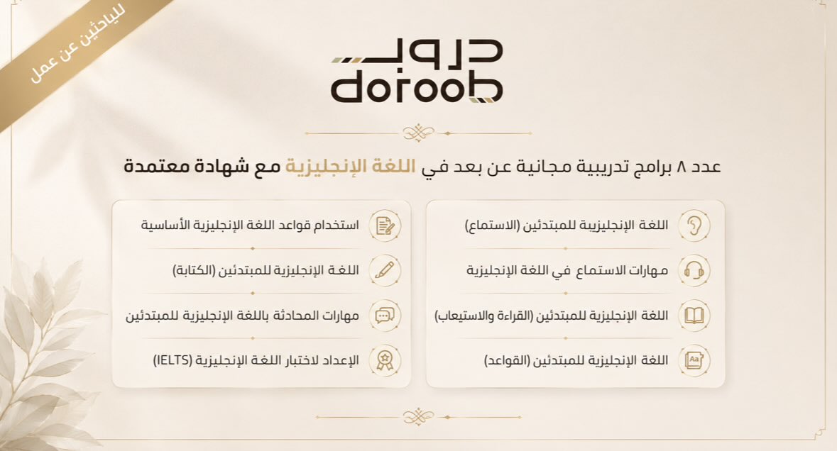 YourJobs_KSA's tweet photo. (🔴) طوّر لغتك الإنجليزية (8) دورات حكومية (مجانية) في (#اللغة_الإنجليزية) مع (شهادات معتمدة) تستهدف (الطلاب، والخريجين، والموظفين، والباحثين عن عمل) لأكثر من (20) ساعة تدريب (عن بُعد):

تشمل دورات في:
▪️ (المحادثة، الكتابة، القواعد، القراءة، الاستماع) وأخرى.

التفاصيل والتقديم:
(https://t.co/tgkj91QMSH)
_