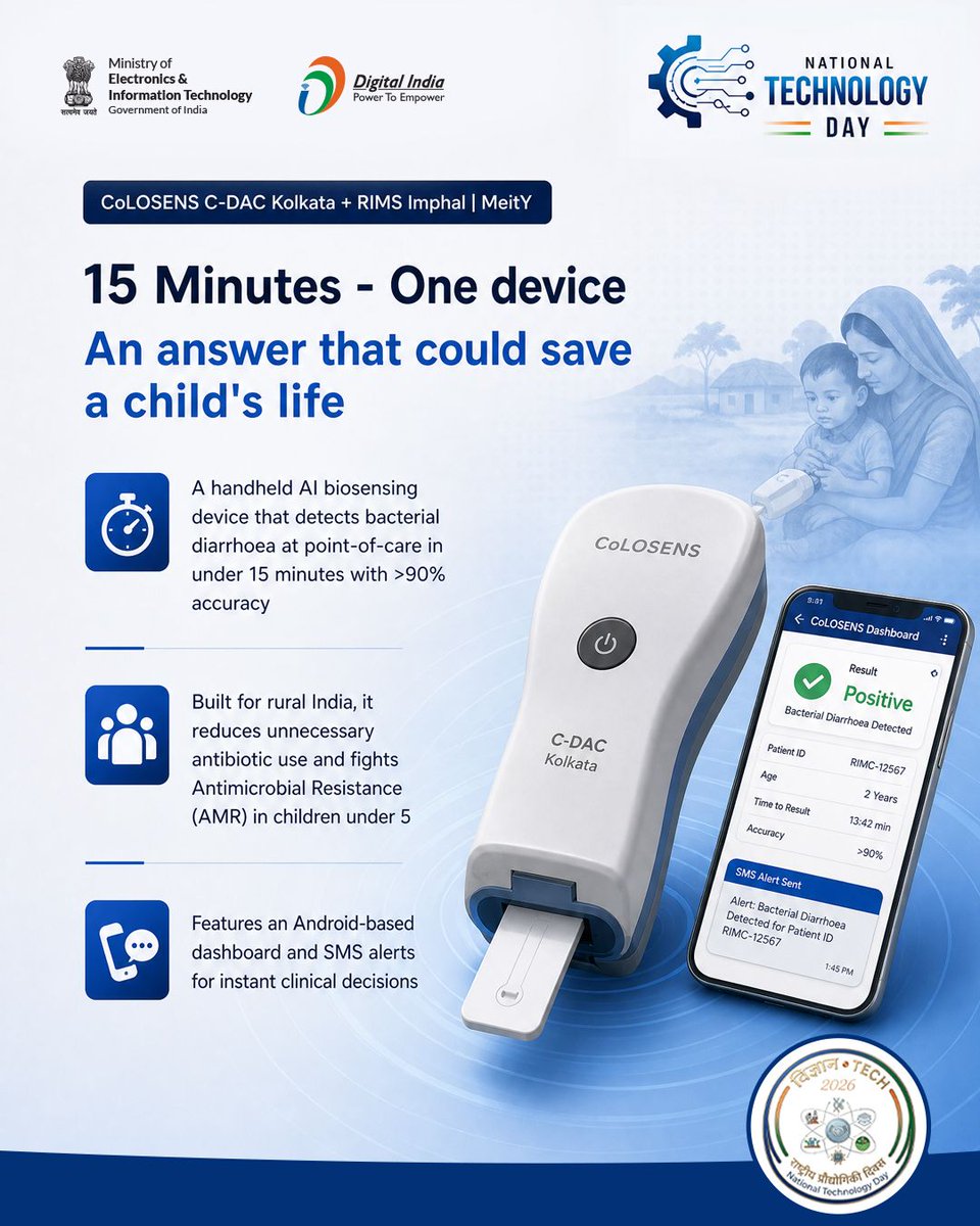 Developed by C-DAC Kolkata and RIMS Imphal under MeitY, this battery-operated, AI-powered biosensor delivers point-of-care bacterial diarrhoea detection in just 15 minutes with over 90% accuracy. 

It utilizes aptamer-gold nanoparticle nano-bioreceptors for high specificity