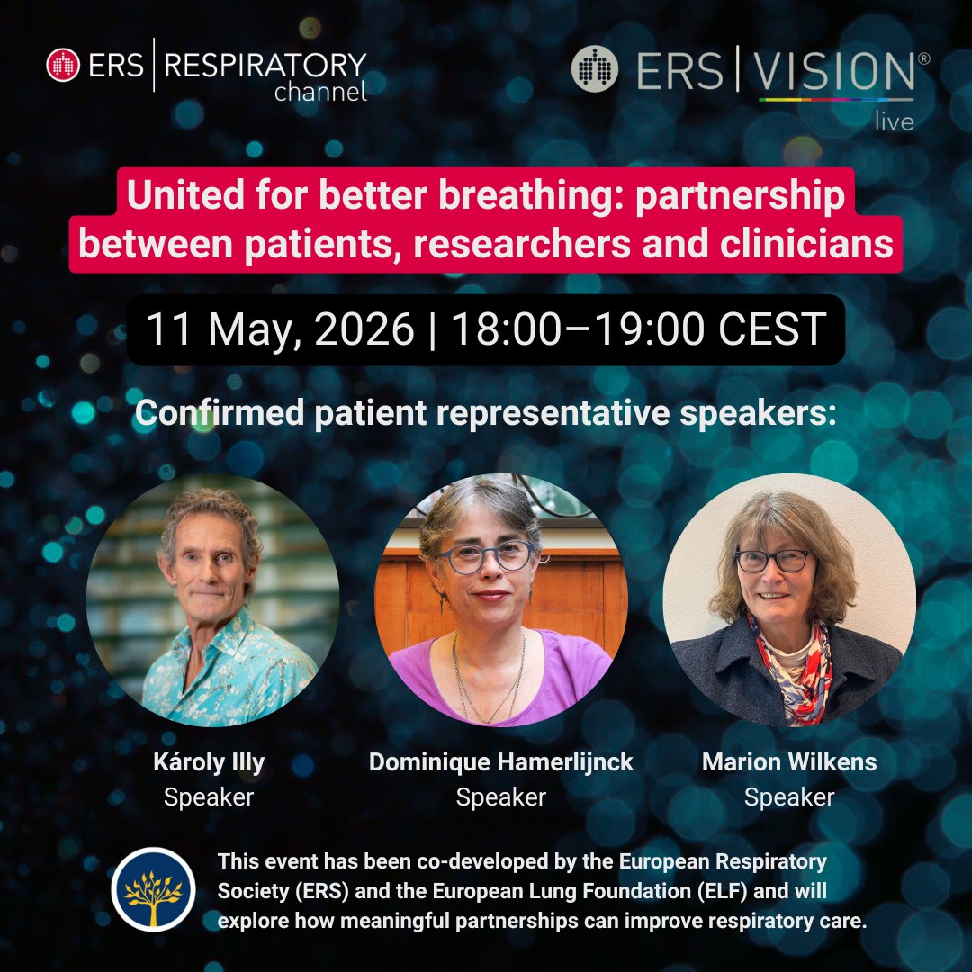 EuropeanLung's tweet photo. Patients, clinicians and researchers all have a role in improving respiratory health.
 
Join this special @EuroRespSoc Vision Live event on 11 May, co-developed with ELF, exploring the #ERSCongress 2026 theme: “United for better breathing”.
 
https://t.co/TvZUoEckYE https://t.co/GyTFWUQoEf