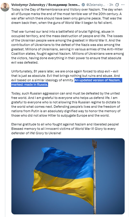 HavryshkoMarta's tweet photo. This is how Holocaust distortion and abuse of history look. Zelensky's edition.

If you care so much about remembrance and responsibility, start by purging Nazi symbols from Ukraine’s military: Totenkopf, SS runes, Black Sun, Nazi eagles, Dirlewanger, Luftwaffe and Nachtigall references.

Preaching morality while tolerating this is pure hypocrisy.
