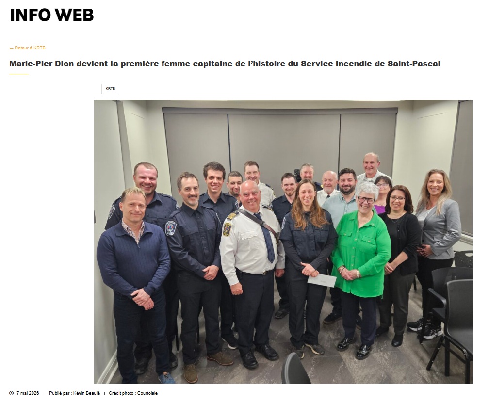Info_KRTB's tweet photo. Marie-Pier Dion devient la première femme capitaine de l’histoire du Service incendie de Saint-Pascal

À lire ici : https://t.co/mk8VDUNPdw https://t.co/ypa1zElQZS